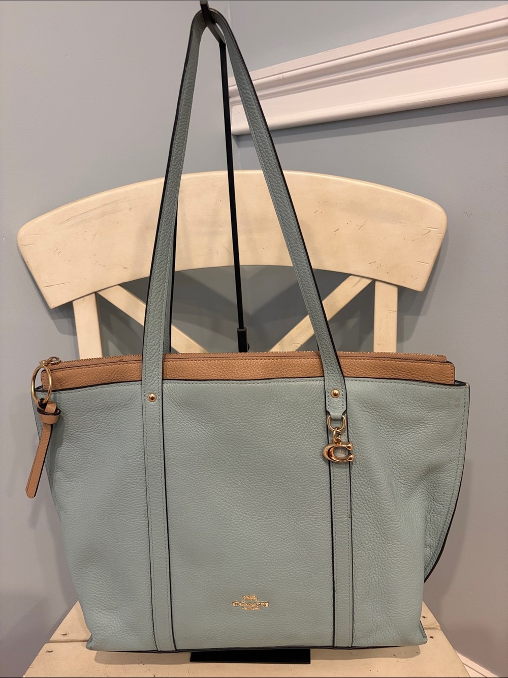 Coach Sky Blue Leather Tote with Tan Trim
